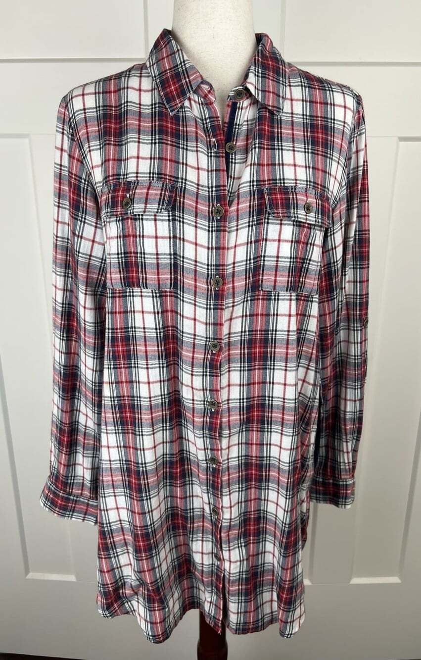 Kyla Seo Tunic Shirt M Plaid Embroidered Velvet Back Mixed Media Boho Artsy
